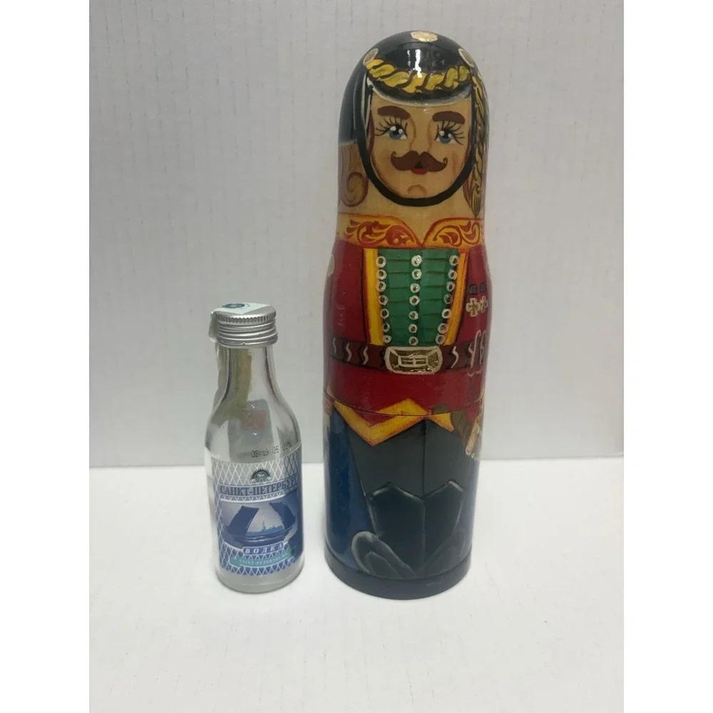 Russian Matryoshka Wooden Nesting Doll Vodka‎ Mini Bottle Holder Soldier 7.5 in